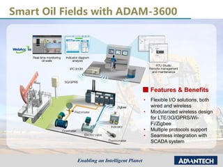 Smart Oil Fields with ADAM-3600
Features & Benefits
• Flexible I/O solutions, both
wired and wireless
• Modularized wireless design
for LTE/3G/GPRS/Wi-
Fi/Zigbee
• Multiple protocols support
• Seamless integration with
SCADA system
 