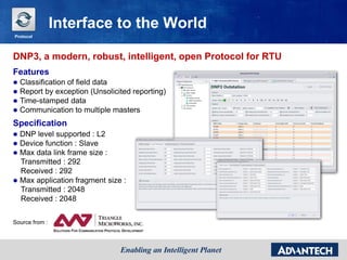 DNP3, a modern, robust, intelligent, open Protocol for RTU
Features
 Classification of field data
 Report by exception (Unsolicited reporting)
 Time-stamped data
 Communication to multiple masters
Specification
 DNP level supported : L2
 Device function : Slave
 Max data link frame size :
Transmitted : 292
Received : 292
 Max application fragment size :
Transmitted : 2048
Received : 2048
Source from :
Interface to the World
Protocol
 