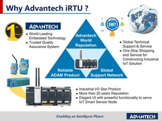 Why Advantech iRTU ?
 World Leading
Embedded Technology
 Trusted Quality
Assurance System
 Global Technical
Support & Service
 One Stop Shopping
and Service for
Constructing Industrial
IoT Solution
 Industrial I/O Star Product
 More than 20 years Reputation
 Elegant UI with powerful functionality to serve
IoT Smart Sensor Node
Advantech
World
Reputation
Reliable
ADAM Product
Global
Support Network
 