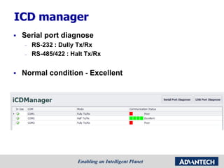 ICD manager
 Serial port diagnose
– RS-232 : Dully Tx/Rx
– RS-485/422 : Halt Tx/Rx
 Normal condition - Excellent
 