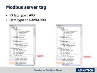 Modbus server tag
 IO tag type : AIO
 Data type : 16/32/64 bits
3x0001.. 4x0001..
 