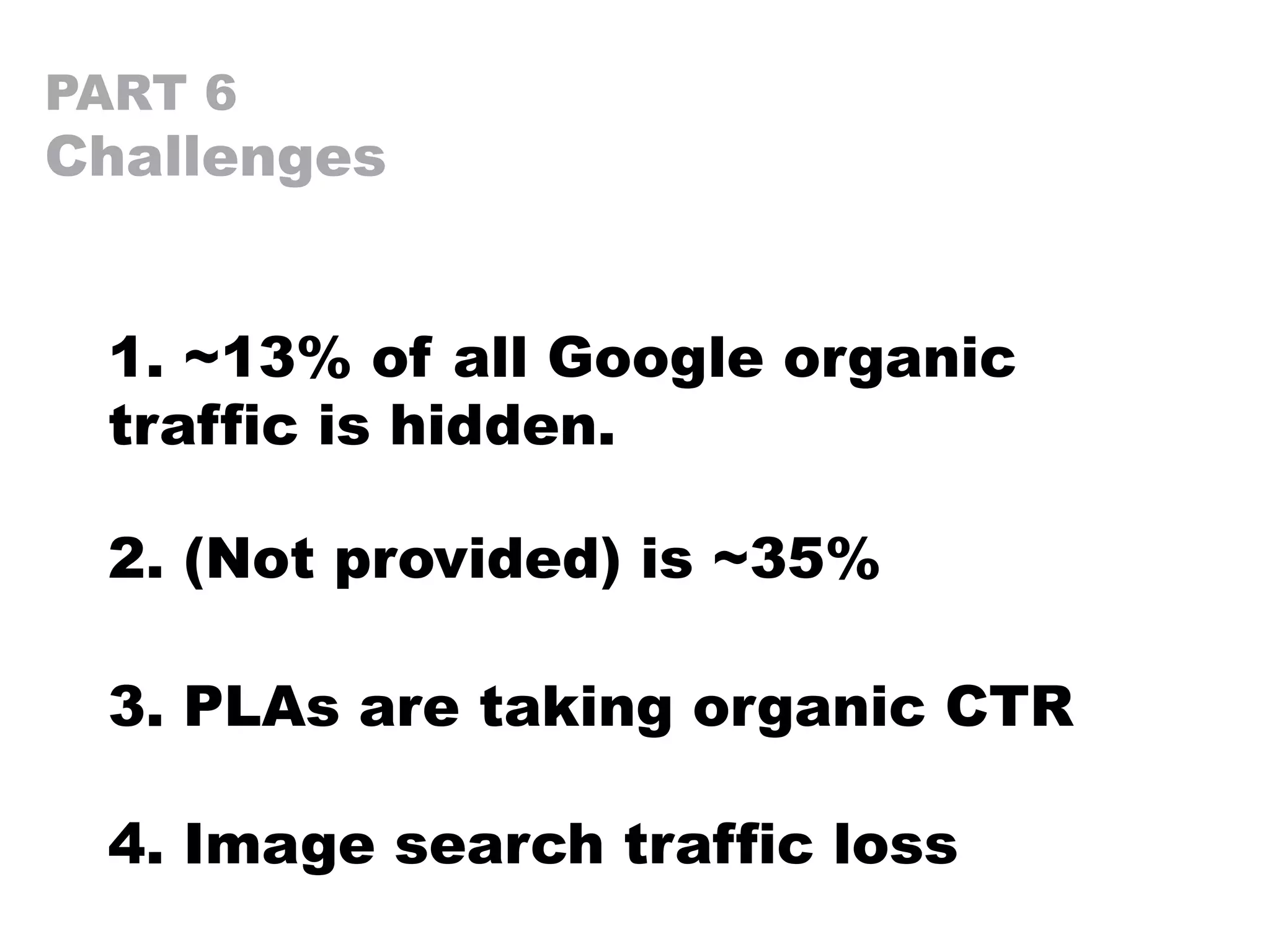 PART 6
Challenges
1. ~13% of all Google organic
traffic is hidden.
2. (Not provided) is ~35%
3. PLAs are taking organic CTR
4. Image search traffic loss
 