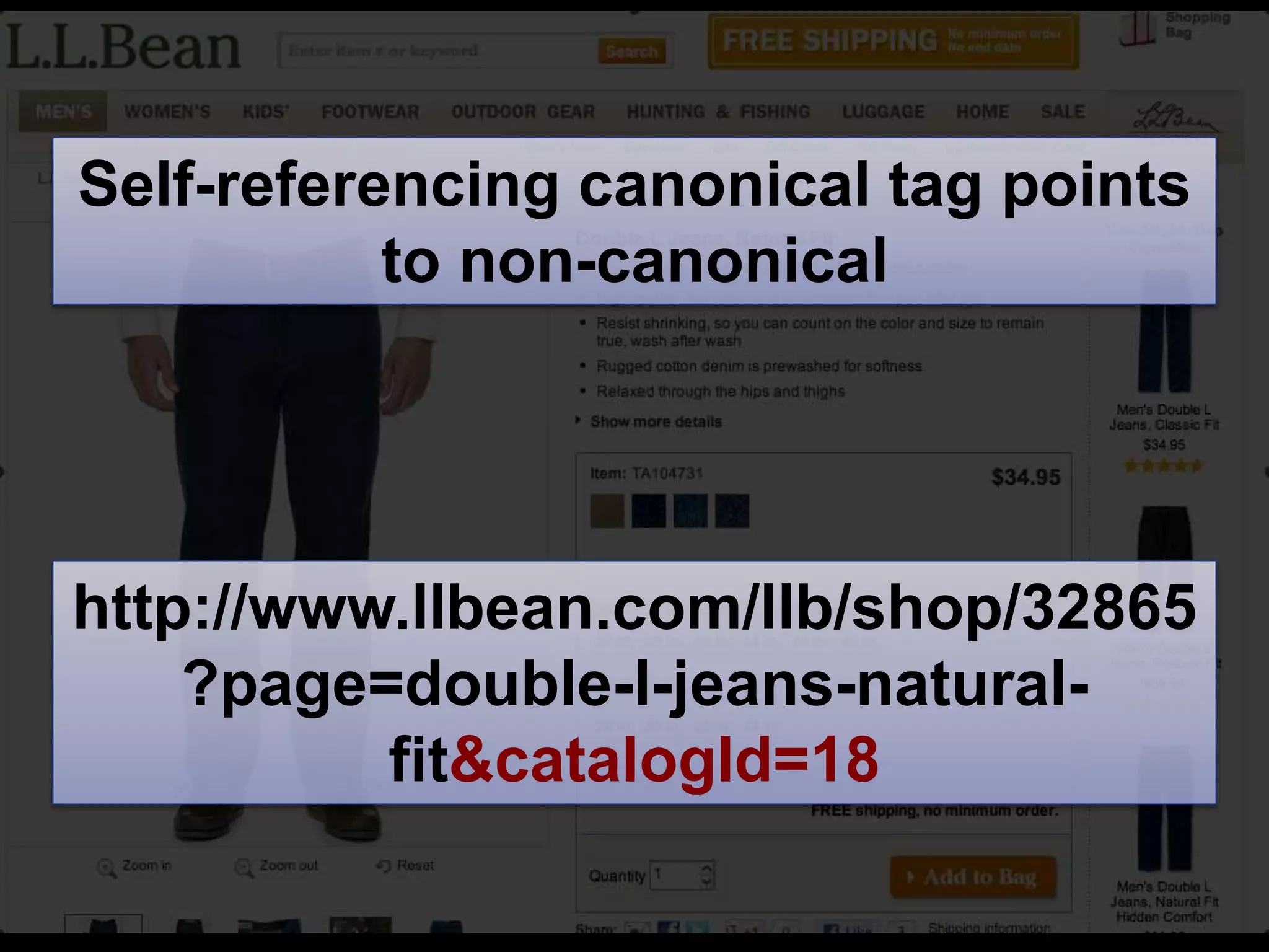 http://www.llbean.com/llb/shop/32865
?page=double-l-jeans-natural-
fit&catalogId=18
Self-referencing canonical tag points
to non-canonical
 