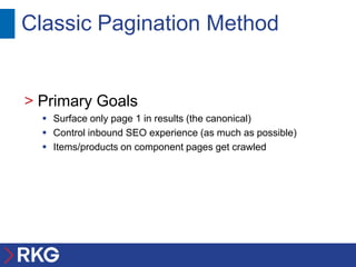 Classic Pagination Method


> Primary Goals
   Surface only page 1 in results (the canonical)
   Control inbound SEO experience (as much as possible)
   Items/products on component pages get crawled
 