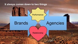 It always comes down to two things 
Performance 
Brands Agencies 
Relationship 
 