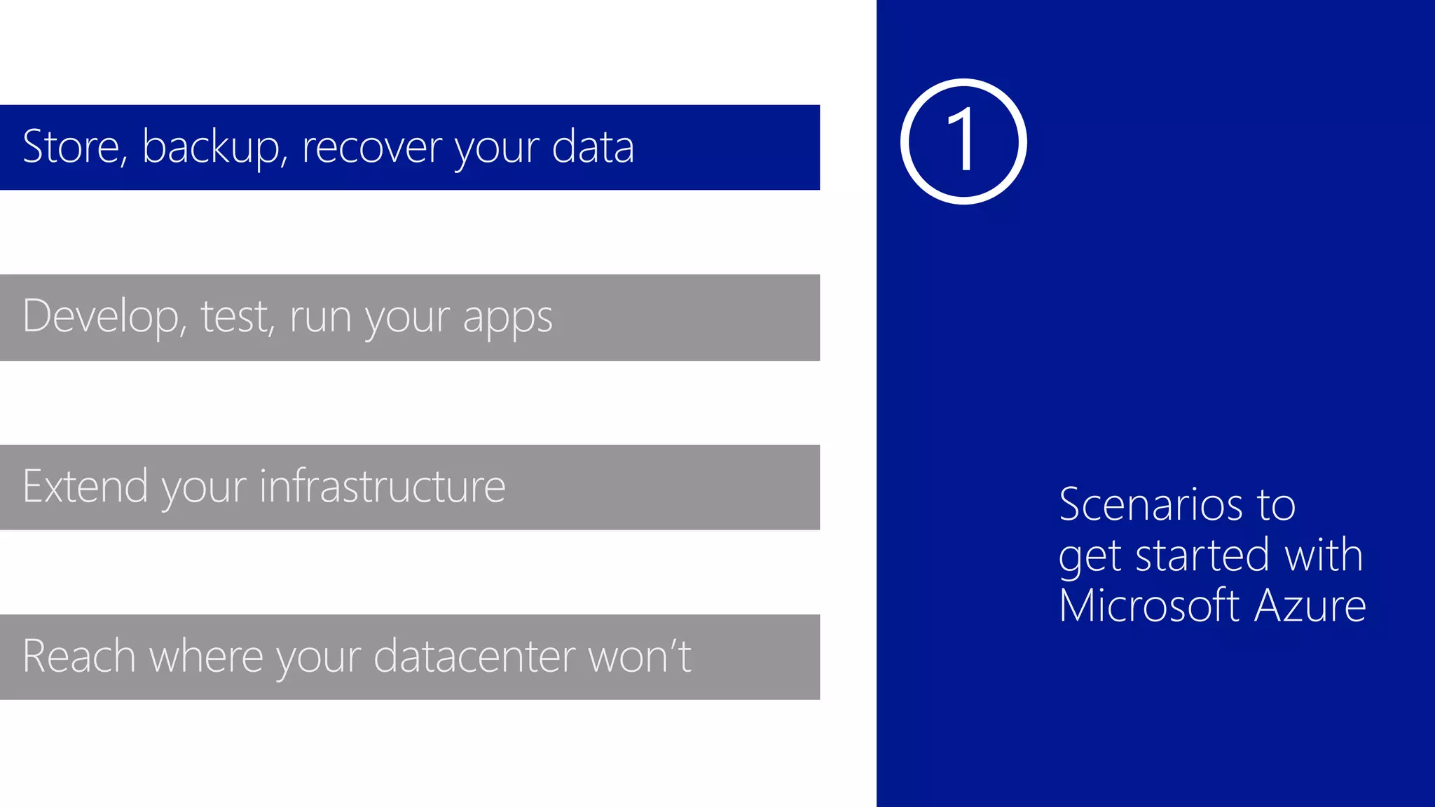 15 
Store, backup, recover your data 
Develop, test, run your apps 
Extend your infrastructure 
Reach where your datacenter won’t 
 