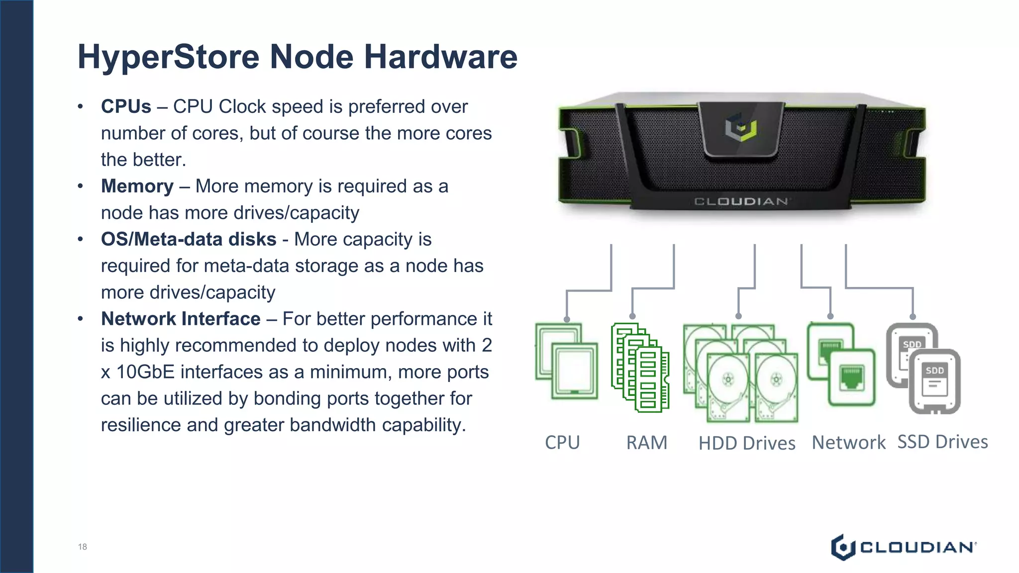 18
HyperStore Node Hardware
CPU HDD Drives Network SSD Drives
• CPUs – CPU Clock speed is preferred over
number of cores, but of course the more cores
the better.
• Memory – More memory is required as a
node has more drives/capacity
• OS/Meta-data disks - More capacity is
required for meta-data storage as a node has
more drives/capacity
• Network Interface – For better performance it
is highly recommended to deploy nodes with 2
x 10GbE interfaces as a minimum, more ports
can be utilized by bonding ports together for
resilience and greater bandwidth capability.
RAM
 