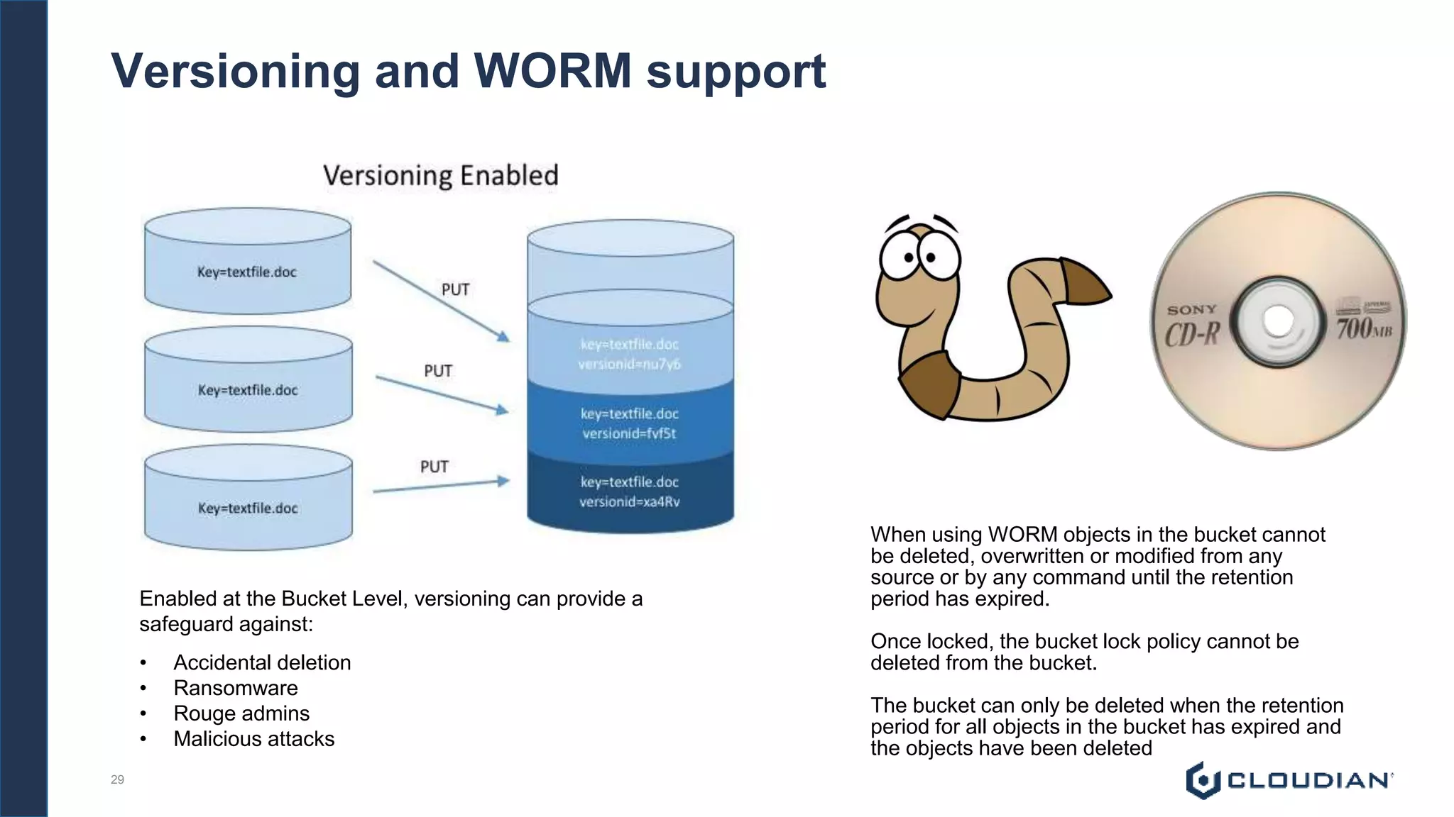 29
Versioning and WORM support
• Accidental deletion
• Ransomware
• Rouge admins
• Malicious attacks
Enabled at the Bucket Level, versioning can provide a
safeguard against:
When using WORM objects in the bucket cannot
be deleted, overwritten or modified from any
source or by any command until the retention
period has expired.
Once locked, the bucket lock policy cannot be
deleted from the bucket.
The bucket can only be deleted when the retention
period for all objects in the bucket has expired and
the objects have been deleted
 