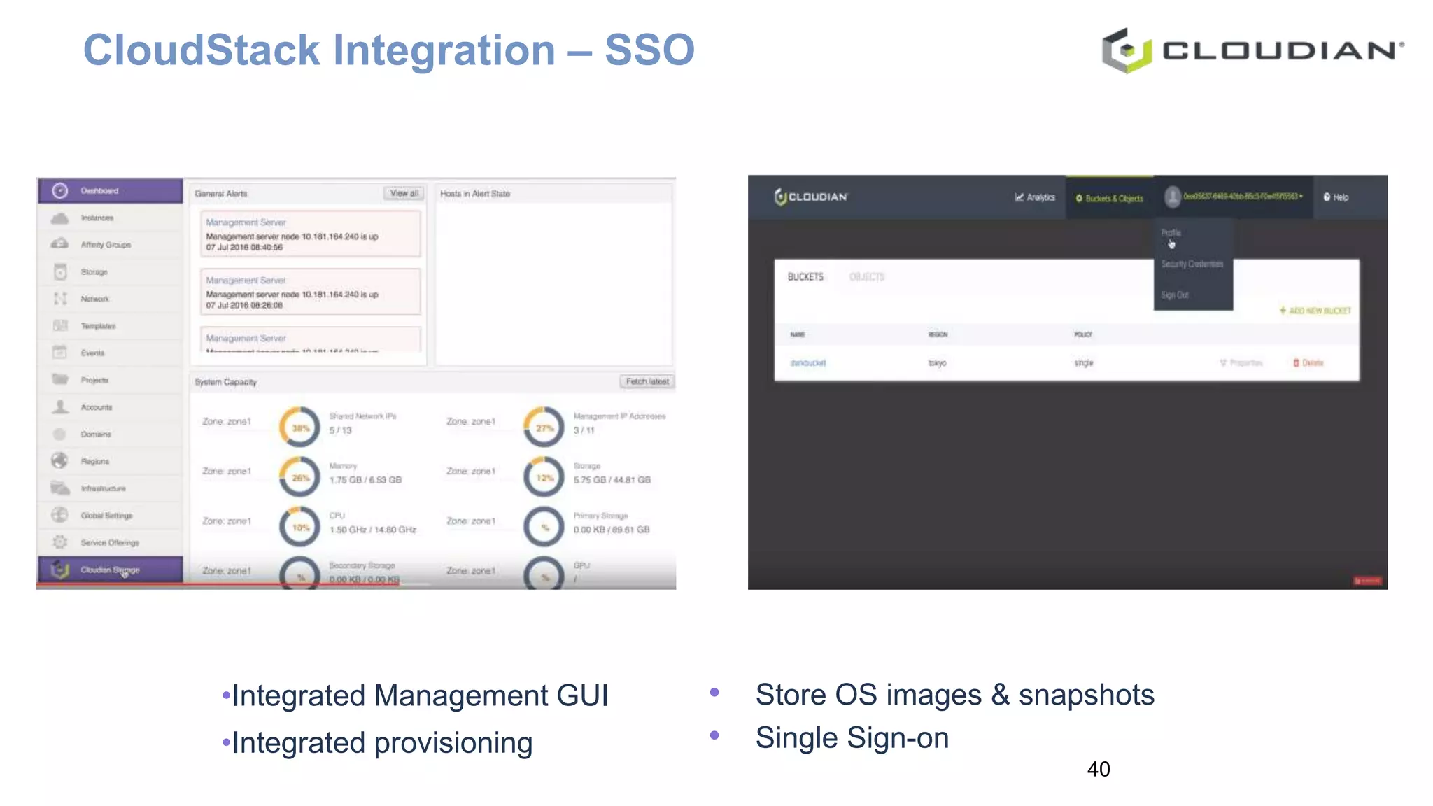CloudStack Integration – SSO
•Integrated Management GUI
•Integrated provisioning
• Store OS images & snapshots
• Single Sign-on
40
 
