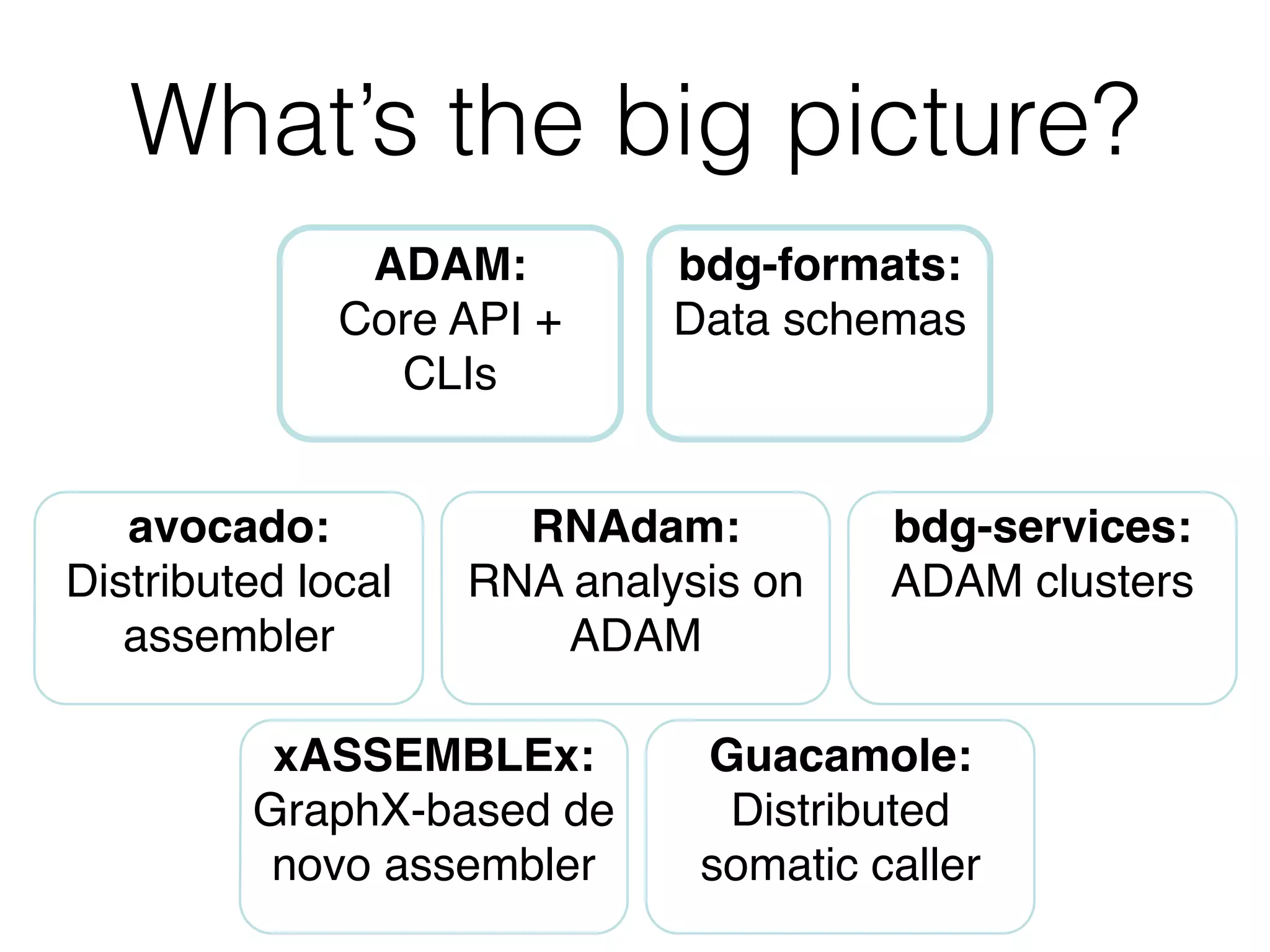 What’s the big picture?
ADAM:!
Core API +
CLIs
bdg-formats:!
Data schemas
RNAdam:!
RNA analysis on
ADAM
avocado:!
Distributed local
assembler
Guacamole:!
Distributed
somatic caller
xASSEMBLEx:!
GraphX-based de
novo assembler
bdg-services:!
ADAM clusters
 