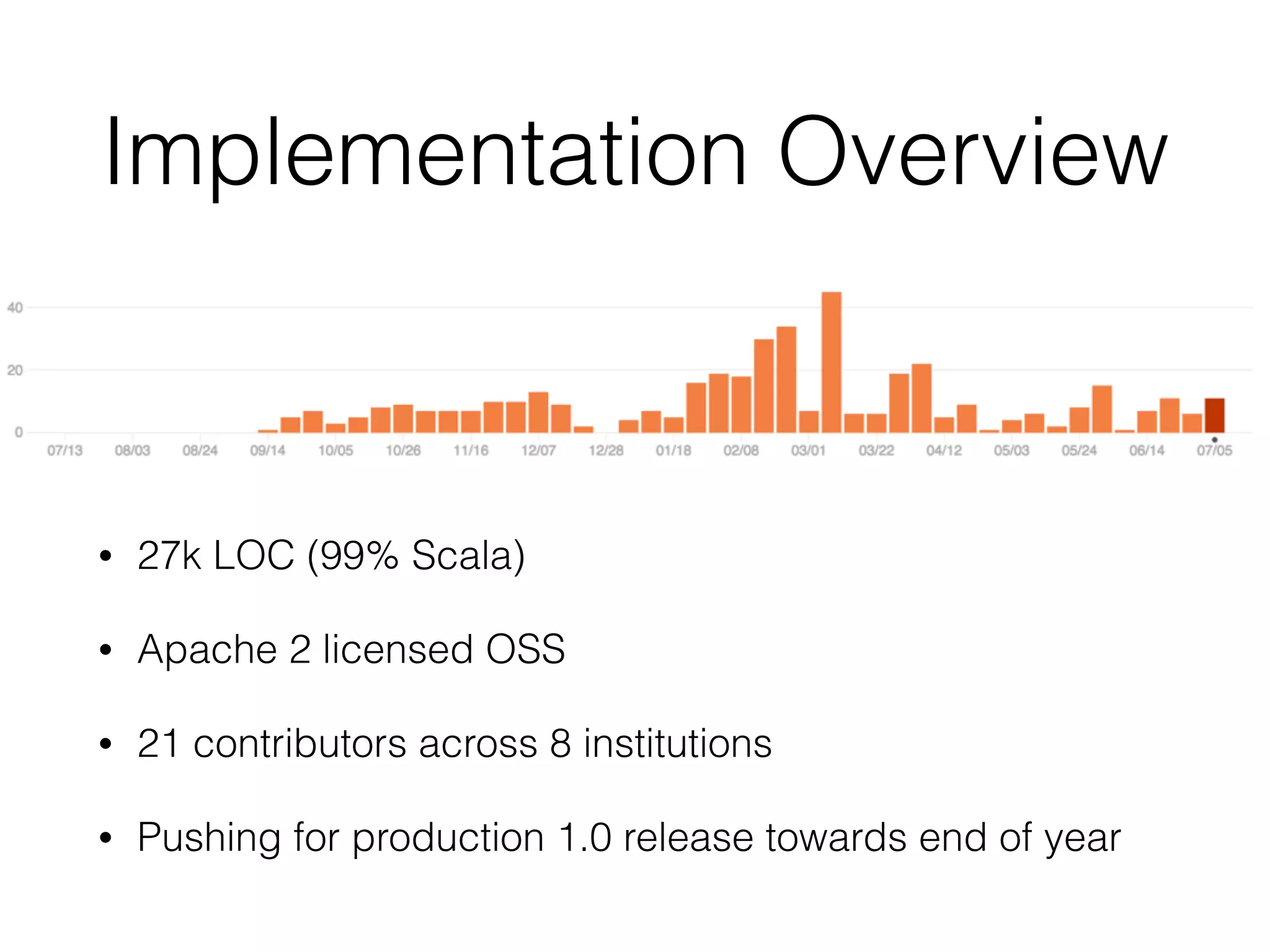 Implementation Overview
• 27k LOC (99% Scala)
• Apache 2 licensed OSS
• 21 contributors across 8 institutions
• Pushing for production 1.0 release towards end of year
 
