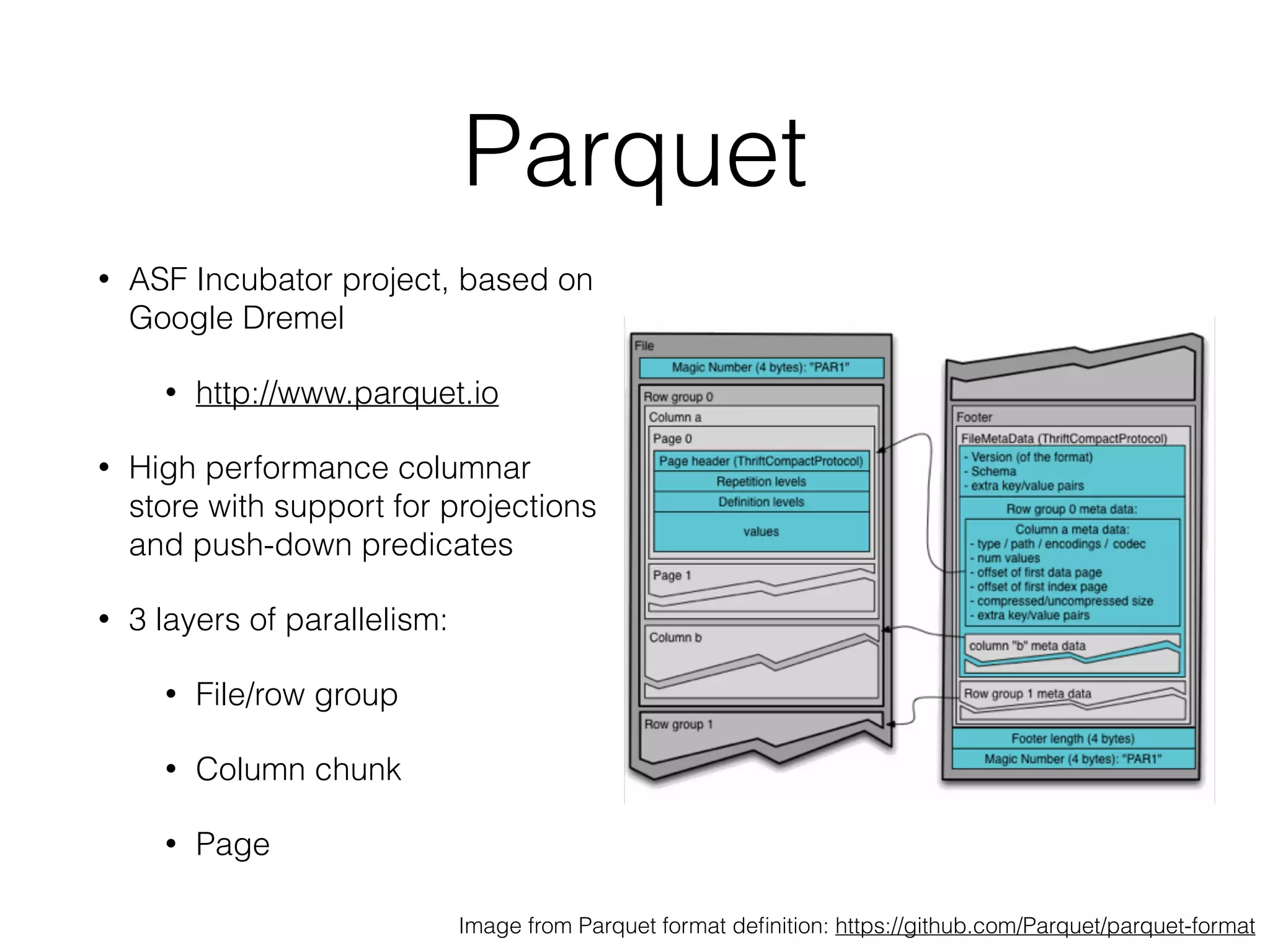 Parquet
• ASF Incubator project, based on
Google Dremel
• http://www.parquet.io
• High performance columnar
store with support for projections
and push-down predicates
• 3 layers of parallelism:
• File/row group
• Column chunk
• Page
Image from Parquet format deﬁnition: https://github.com/Parquet/parquet-format
 