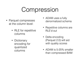 Compression
• Parquet compresses
at the column level:
• RLE for repetitive
columns
• Dictionary
encoding for
quantized
col...