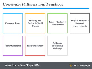 @adammonagoSearchLove San Diego 2014
Common Patterns and Practices
12
Building and
Testing in Small
Chunks
Team = Content +
Development
Regular Releases -
Frequent
Improvements
Team Ownership
Agile and
Continuous
Delivery
Experimentation
Customer Focus
 