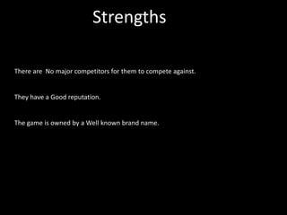 Strengths

There are No major competitors for them to compete against.


They have a Good reputation.


The game is owned by a Well known brand name.
 