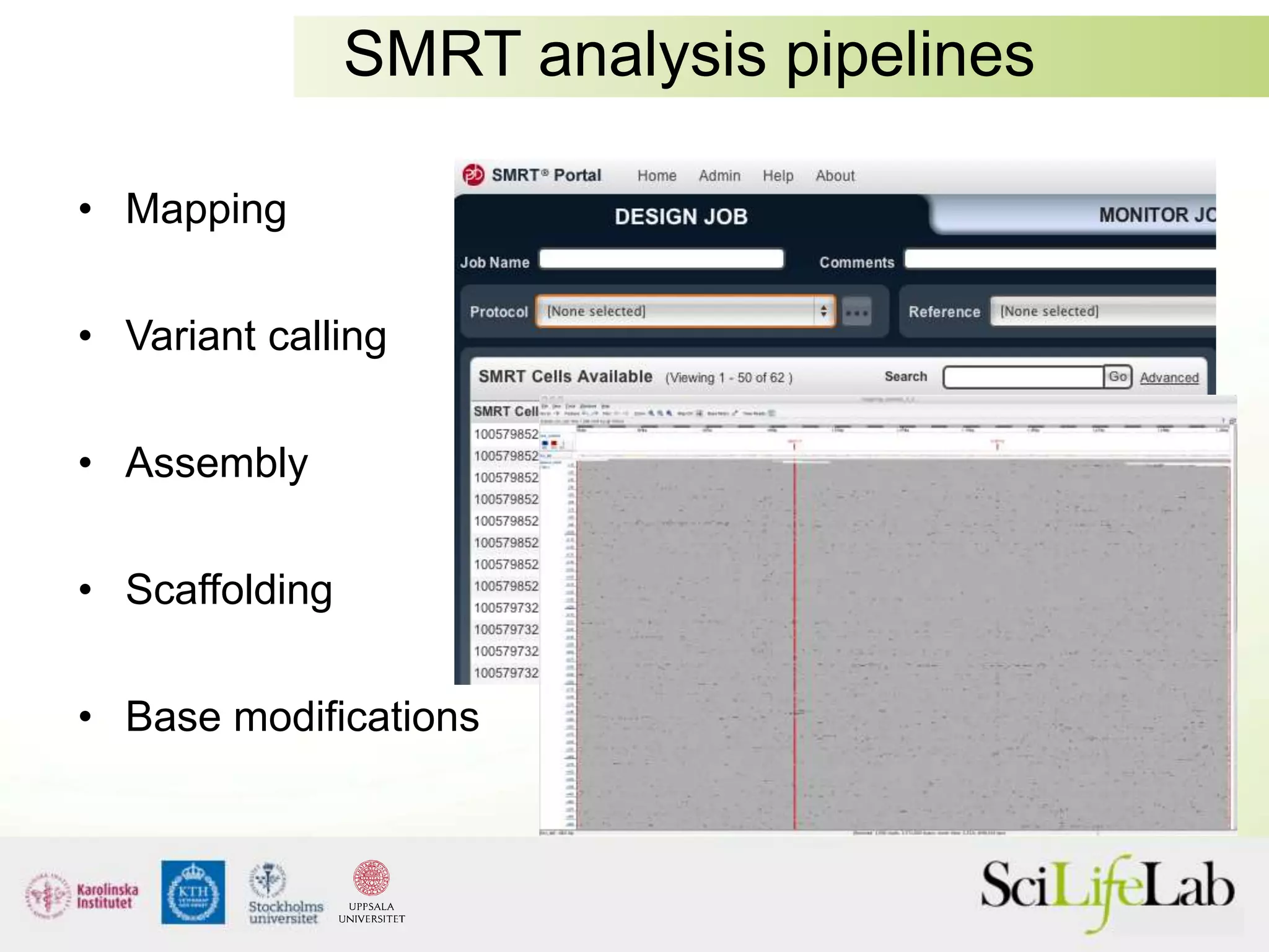 SMRT analysis pipelines
• Mapping
• Variant calling
• Assembly
• Scaffolding
• Base modifications
 