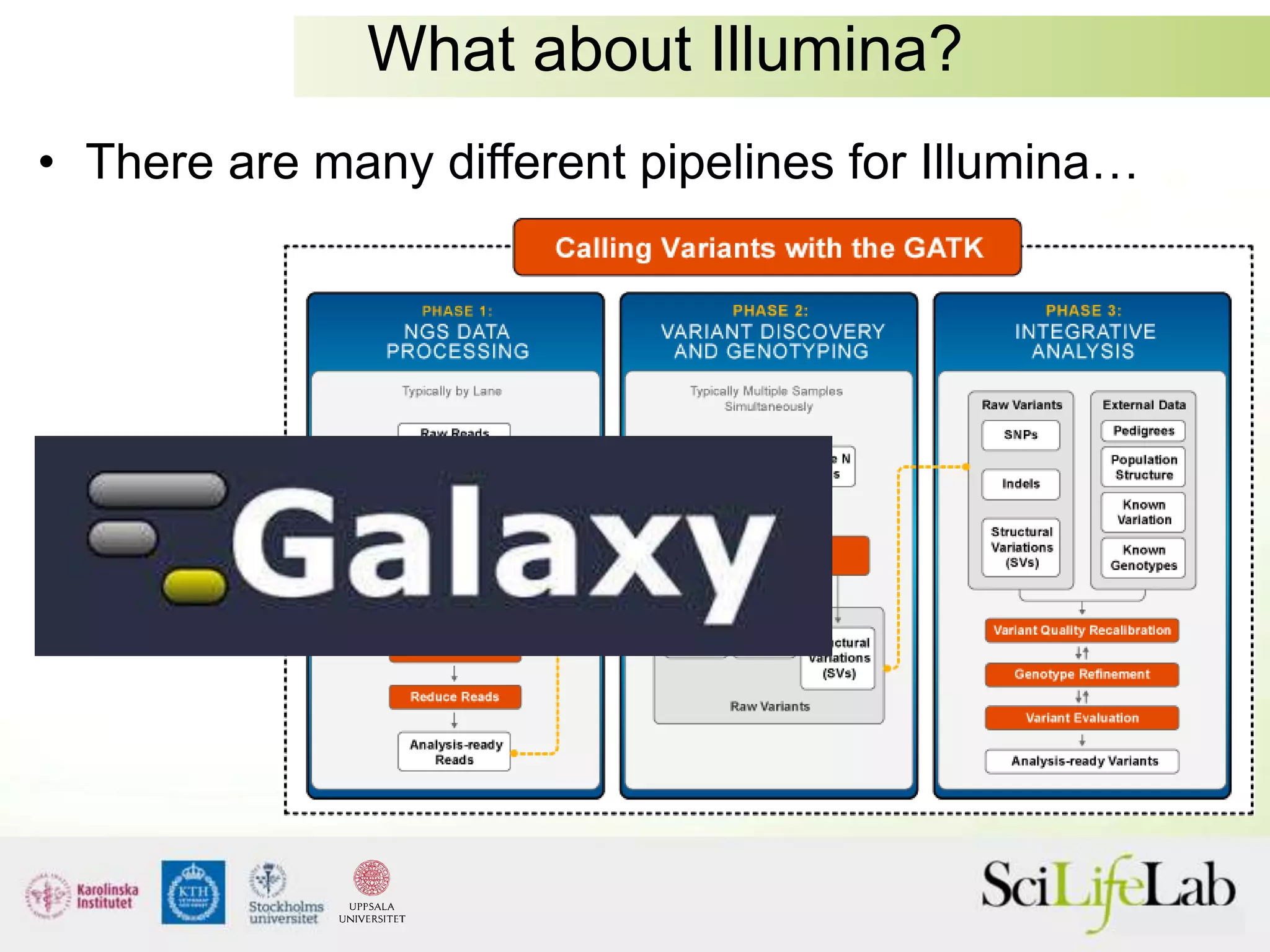What about Illumina?
• There are many different pipelines for Illumina…
 