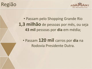 Região
• Passam pelo Shopping Grande Rio
1,3 milhão de pessoas por mês, ou seja
43 mil pessoas por dia em média;
• Passam 120 mil carros por dia na
Rodovia Presidente Dutra.

 