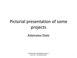 Pictorial presentation of some
projects
Adamawa State
INDEPENDENT PERFORMANCE MGT OF
2011 CGS - LG INTERVENTIONS 1
 