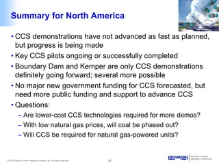 © 2013 Electric Power Research Institute, Inc. All rights reserved. 14 
Summary for North America 
• 
CCS demonstrations have not advanced as fast as planned, but progress is being made 
• 
Key CCS pilots ongoing or successfully completed 
• 
Boundary Dam and Kemper are only CCS demonstrations definitely going forward; several more possible 
• 
No major new government funding for CCS forecasted, but need more public funding and support to advance CCS 
• 
Questions: 
– 
Are lower-cost CCS technologies required for more demos? 
– 
With low natural gas prices, will coal be phased out? 
– 
Will CCS be required for natural gas-powered units?  