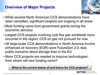 © 2013 Electric Power Research Institute, Inc. All rights reserved. 3 
Overview of Major Projects 
• 
While several North American CCS demonstrations have been cancelled, significant projects are ongoing in all areas 
• 
Most funding came from government grants during the economic stimulus 
• 
Largest CCS projects involving coal flue gas worldwide have occurred in the region; CCS on gas not pursued for now 
• 
All large-scale CCS demonstrations in North America involve enhanced oil recovery (EOR) save FutureGen 2.0; less public concerns about storage than in the EU 
• 
More CCS projects are needed to improve technologies; from where will new funding come? 
What is the current status of and future for CCS projects?  