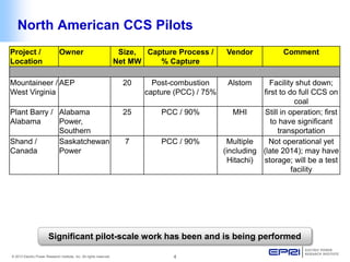© 2013 Electric Power Research Institute, Inc. All rights reserved. 4 
North American CCS Pilots 
Project / Location 
Owner 
Size, Net MW 
Capture Process / % Capture 
Vendor 
Comment 
Mountaineer / West Virginia 
AEP 
20 
Post-combustion capture (PCC) / 75% 
Alstom 
Facility shut down; first to do full CCS on coal 
Plant Barry / Alabama 
Alabama Power, Southern 
25 
PCC / 90% 
MHI 
Still in operation; first to have significant transportation 
Shand / Canada 
Saskatchewan Power 
7 
PCC / 90% 
Multiple (including Hitachi) 
Not operational yet (late 2014); may have storage; will be a test facility 
Significant pilot-scale work has been and is being performed  