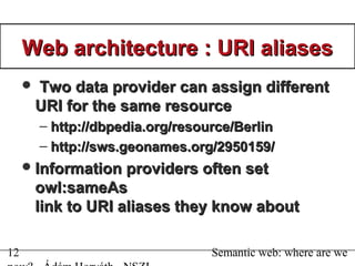 13 Semantic web: where are we
Web architecture : AssociatedWeb architecture : Associated
descriptionsdescriptions
RDF des...