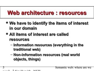 5 Semantic web: where are we
Web architecture : resourcesWeb architecture : resources
We have to identify the items of in...