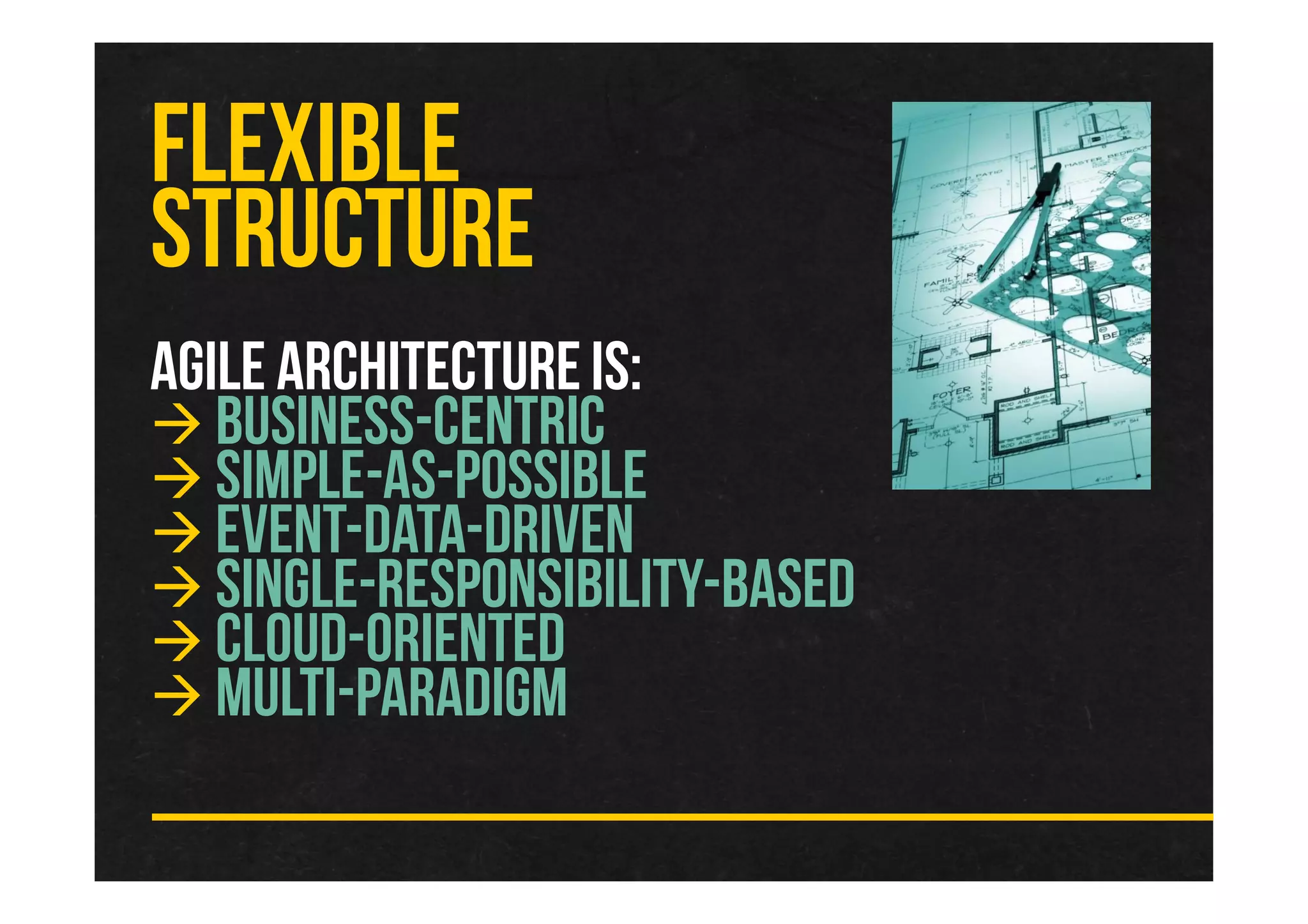 AGILE ARCHITECTUREIS:
BUSINESS-CENTRIC
SIMPLE-AS-POSSIBLE
EVENT-DATA-DRIVEN
SINGLE-RESPONSIBILITY-BASED
CLOUD-ORIENTED
MULTI-PARADIGM
FLEXIBLE
STRUCTURE
 