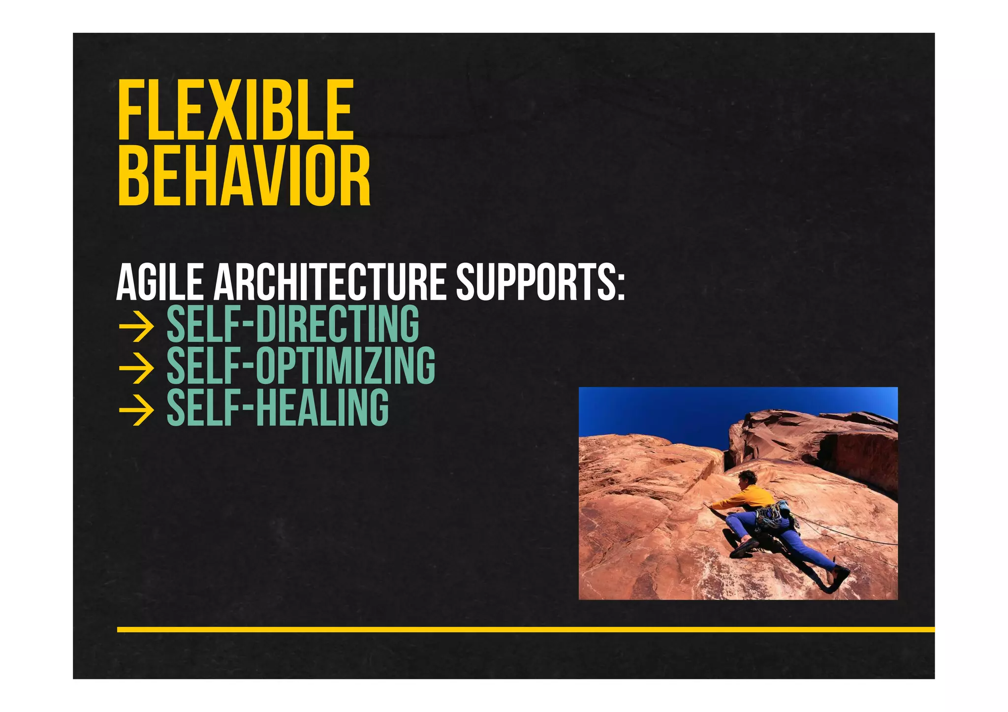 AGILE ARCHITECTURESUPPORTS:
SELF-DIRECTING
SELF-OPTIMIZING
SELF-HEALING
FLEXIBLE
BEHAVIOR
 