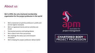 About us
We’re APM, the only chartered membership
organisation for the project profession in the world
▪ We’re chartered t...