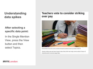 #NYKLondon
After selecting a
specific data point:
In the Single Mention
View, press the View
button and then
select Topics.
Understanding
data spikes
 