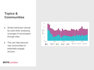 #NYKLondon
Topics &
Communities
● Similar behaviour should
be used when analysing
coverage of conversation
through sites.
● This can help discover
new communities to
potentially engage
and join.
 