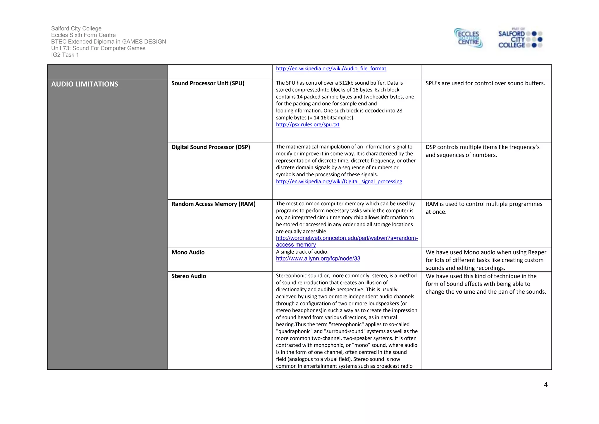 Salford City College
Eccles Sixth Form Centre
BTEC Extended Diploma in GAMES DESIGN
Unit 73: Sound For Computer Games
IG2 Task 1
4
http://en.wikipedia.org/wiki/Audio_file_format
AUDIO LIMITATIONS Sound Processor Unit (SPU) The SPU has control over a 512kb sound buffer. Data is
stored compressedinto blocks of 16 bytes. Each block
contains 14 packed sample bytes and twoheader bytes, one
for the packing and one for sample end and
loopinginformation. One such block is decoded into 28
sample bytes (= 14 16bitsamples).
http://psx.rules.org/spu.txt
SPU’s are used for control over sound buffers.
Digital Sound Processor (DSP) The mathematical manipulation of an information signal to
modify or improve it in some way. It is characterized by the
representation of discrete time, discrete frequency, or other
discrete domain signals by a sequence of numbers or
symbols and the processing of these signals.
http://en.wikipedia.org/wiki/Digital_signal_processing
DSP controls multiple items like frequency’s
and sequences of numbers.
Random Access Memory (RAM) The most common computer memory which can be used by
programs to perform necessary tasks while the computer is
on; an integrated circuit memory chip allows information to
be stored or accessed in any order and all storage locations
are equally accessible
http://wordnetweb.princeton.edu/perl/webwn?s=random-
access memory
RAM is used to control multiple programmes
at once.
Mono Audio A single track of audio.
http://www.allynn.org/fcp/node/33
We have used Mono audio when using Reaper
for lots of different tasks like creating custom
sounds and editing recordings.
Stereo Audio Stereophonic sound or, more commonly, stereo, is a method
of sound reproduction that creates an illusion of
directionality and audible perspective. This is usually
achieved by using two or more independent audio channels
through a configuration of two or more loudspeakers (or
stereo headphones)in such a way as to create the impression
of sound heard from various directions, as in natural
hearing.Thus the term "stereophonic" applies to so-called
"quadraphonic" and "surround-sound" systems as well as the
more common two-channel, two-speaker systems. It is often
contrasted with monophonic, or "mono" sound, where audio
is in the form of one channel, often centred in the sound
field (analogous to a visual field). Stereo sound is now
common in entertainment systems such as broadcast radio
We have used this kind of technique in the
form of Sound effects with being able to
change the volume and the pan of the sounds.
 