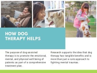 HOW DOG
THERAPY HELPS
The purpose of dog-assisted
therapy is to promote the emotional,
mental, and physical well-being of
...