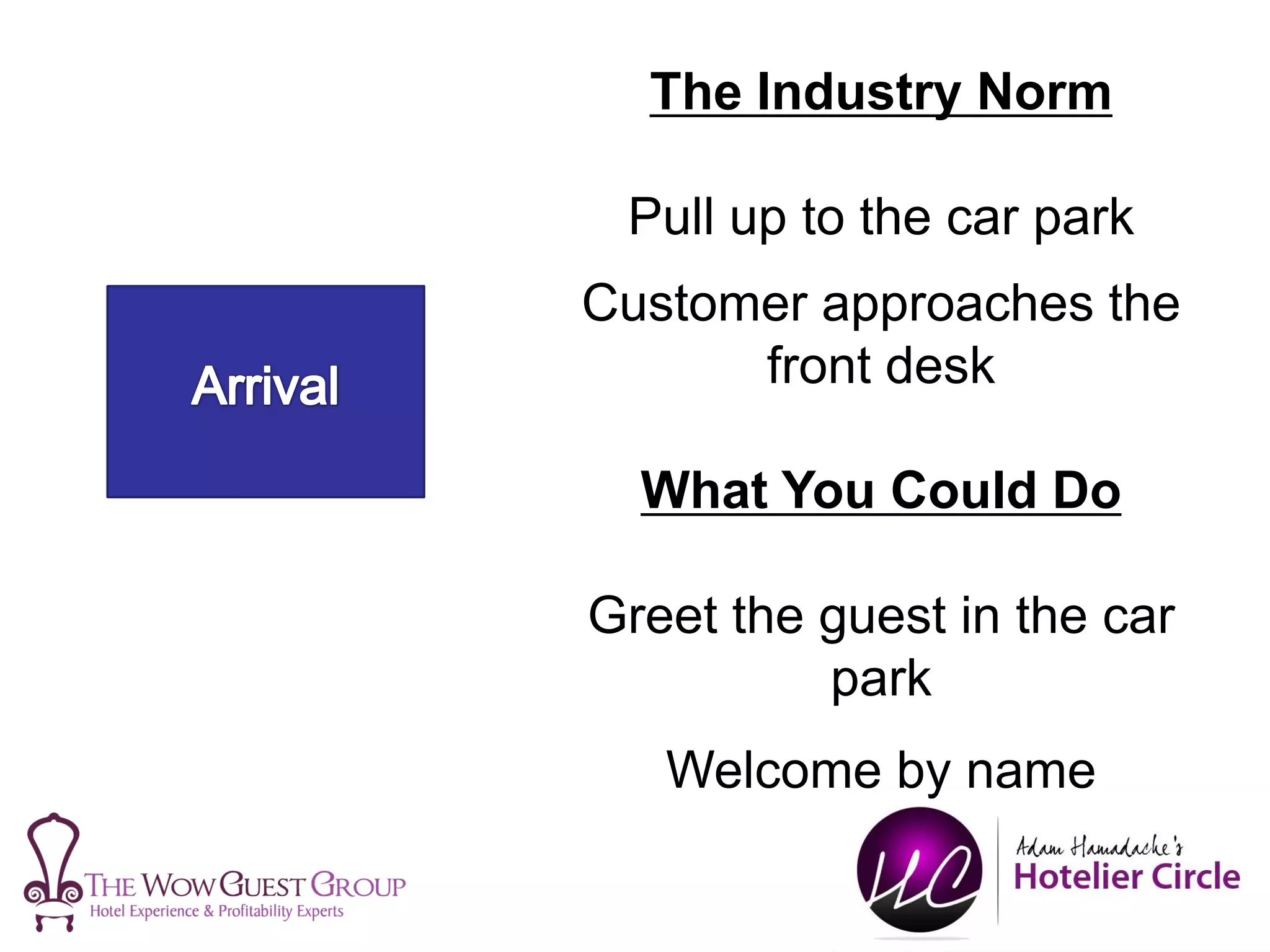 The Industry Norm
Pull up to the car park
Customer approaches the
front desk
What You Could Do
Greet the guest in the car
park
Welcome by name
 