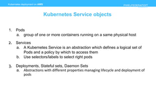 www.pixelfederation.com
1. Pods
a. group of one or more containers running on a same physical host
2. Services
a. A Kubern...
