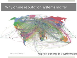 Why online reputation systems matter




   IEEE SocialCom-09/SIN-09   hospitality exchange on CouchSurfing.org
 