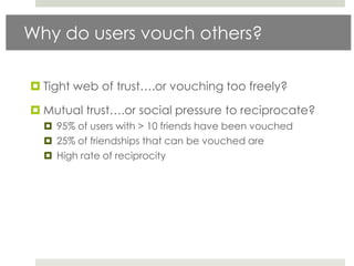 Why do users vouch others?

 Tight web of trust….or vouching too freely?

 Mutual trust….or social pressure to reciprocate?
   95% of users with > 10 friends have been vouched
   25% of friendships that can be vouched are
   High rate of reciprocity
 