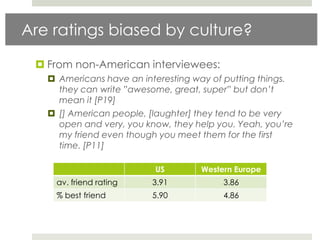 Are ratings biased by culture?

  From non-American interviewees:
    Americans have an interesting way of putting things.
     they can write ”awesome, great, super” but don’t
     mean it [P19]
    [] American people, [laughter] they tend to be very
     open and very, you know, they help you. Yeah, you’re
     my friend even though you meet them for the first
     time. [P11]

                          US        Western Europe
     av. friend rating    3.91           3.86
     % best friend        5.90           4.86
 
