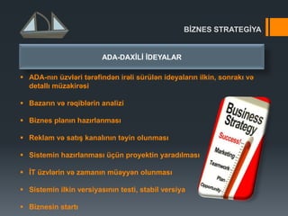 BĠZNES STRATEGĠYA
 ADA-nın üzvləri tərəfindən irəli sürülən ideyaların ilkin, sonrakı və
detallı müzakirəsi
 Bazarın və rəqiblərin analizi
 Biznes planın hazırlanması
 Reklam və satıĢ kanalının təyin olunması
 Sistemin hazırlanması üçün proyektin yaradılması
 ĠT üzvlərin və zamanın müəyyən olunması
 Sistemin ilkin versiyasının testi, stabil versiya
 Biznesin startı
ADA-DAXĠLĠ ĠDEYALAR
 