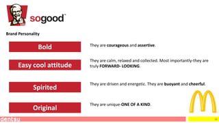 11
Bold
Easy cool attitude
Spirited
Original
They are courageous and assertive.
They are calm, relaxed and collected. Most importantly-they are
truly FORWARD- LOOKING.
They are driven and energetic. They are buoyant and cheerful.
They are unique-ONE OF A KIND.
Brand Personality
 