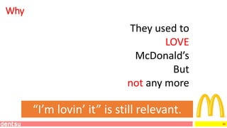 30
Why
They used to
LOVE
McDonald’s
But
not any more
“I’m lovin’ it” is still relevant.
 