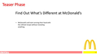 41
Teaser Phase
Find Out What’s Different at McDonald’s
• McDonald’s will start serving their food with
the refined recipe without revealing
anything.
 