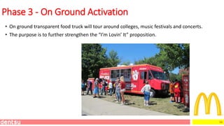 53
• On ground transparent food truck will tour around colleges, music festivals and concerts.
• The purpose is to further strengthen the “I’m Lovin’ It” proposition.
Phase 3 - On Ground Activation
 