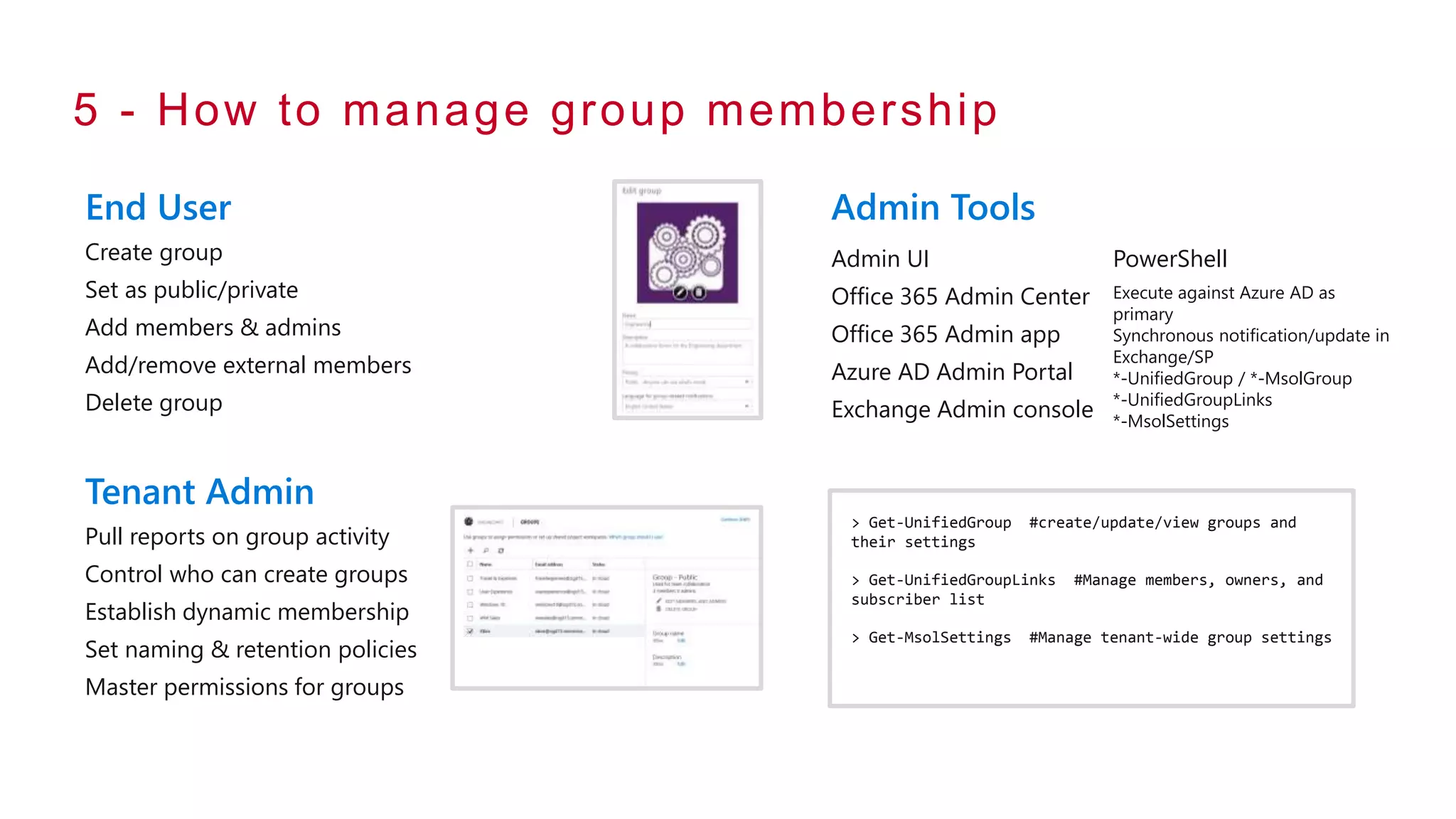 End User
Create group
Set as public/private
Add members & admins
Add/remove external members
Delete group
Tenant Admin
Pull reports on group activity
Control who can create groups
Establish dynamic membership
Set naming & retention policies
Master permissions for groups
Admin Tools
5 - How to manage group membership
> Get-UnifiedGroup #create/update/view groups and
their settings
> Get-UnifiedGroupLinks #Manage members, owners, and
subscriber list
> Get-MsolSettings #Manage tenant-wide group settings
Admin UI
Office 365 Admin Center
Office 365 Admin app
Azure AD Admin Portal
Exchange Admin console
PowerShell
Execute against Azure AD as
primary
Synchronous notification/update in
Exchange/SP
*-UnifiedGroup / *-MsolGroup
*-UnifiedGroupLinks
*-MsolSettings
 