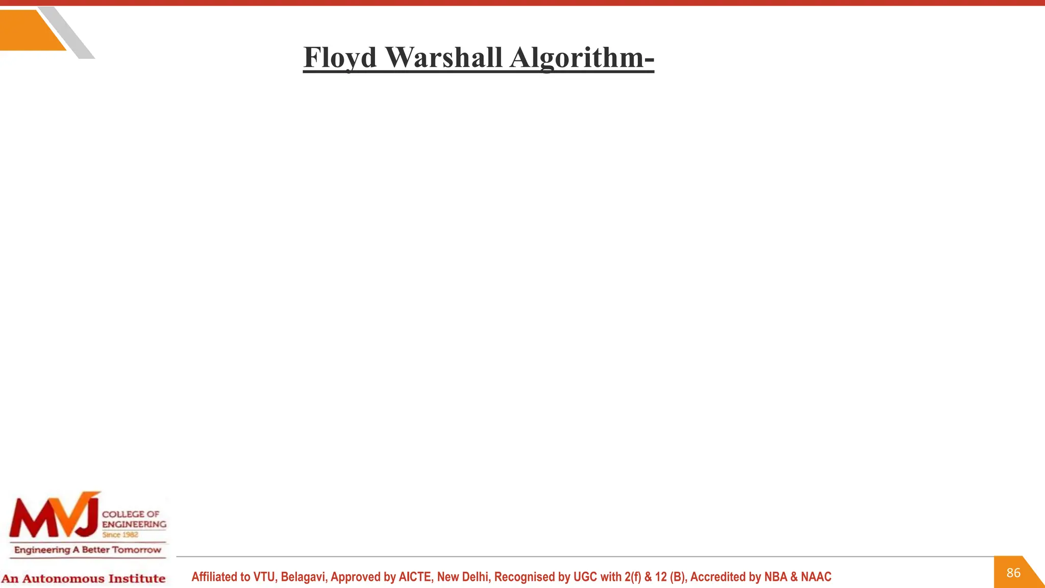 86
Affiliated to VTU, Belagavi, Approved by AICTE, New Delhi, Recognised by UGC with 2(f) & 12 (B), Accredited by NBA & NAAC
Floyd Warshall Algorithm-
 