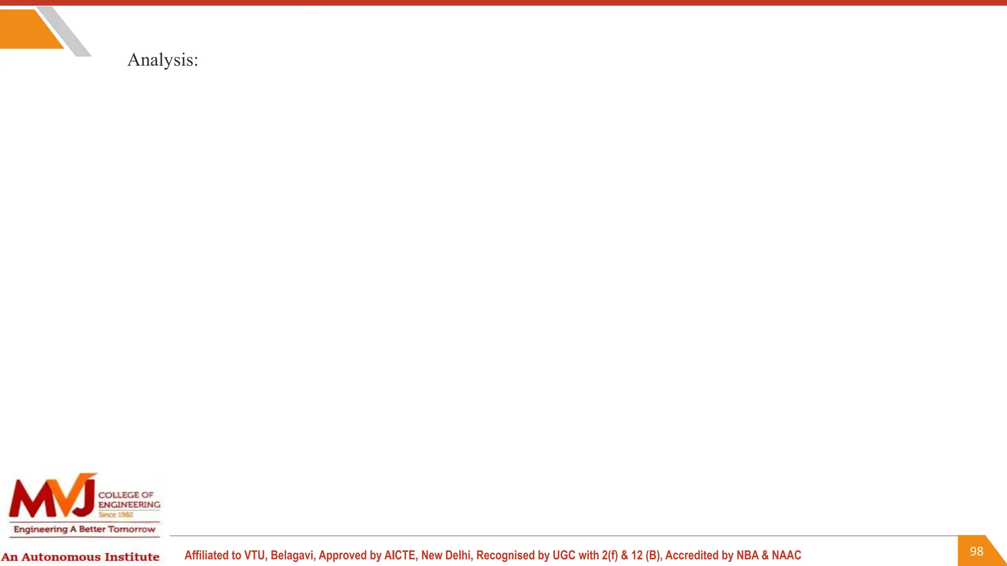 98
Affiliated to VTU, Belagavi, Approved by AICTE, New Delhi, Recognised by UGC with 2(f) & 12 (B), Accredited by NBA & NAAC
Analysis:
 