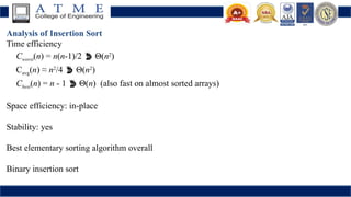 Analysis of Insertion Sort
Time efficiency
Cworst(n) = n(n-1)/2  Θ(n2
)
Cavg(n) ≈ n2
/4  Θ(n2
)
Cbest(n) = n - 1  Θ(n) (also fast on almost sorted arrays)
Space efficiency: in-place
Stability: yes
Best elementary sorting algorithm overall
Binary insertion sort
 