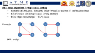 DFS-based algorithm for topological sorting
– Perform DFS traversal, noting the order vertices are popped off the traversal stack
– Reverse order solves topological sorting problem
– Back edges encountered?→ NOT a dag!
Example:
DFS: abefgh
a b
e f
c d
g h
 